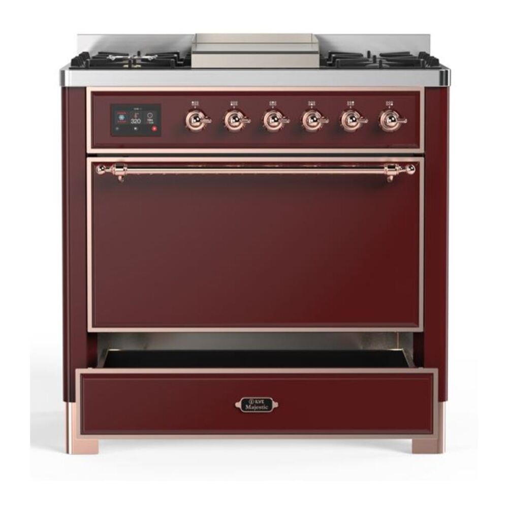 ILVE Majestic II 36 inch Solid Door Natural Gas Dual Fuel Range Copper Burgundy