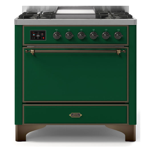 ILVE Majestic II 36" Emerald Green Dual Fuel Range with 6 Burners and Griddle Solid Door Natural Gas