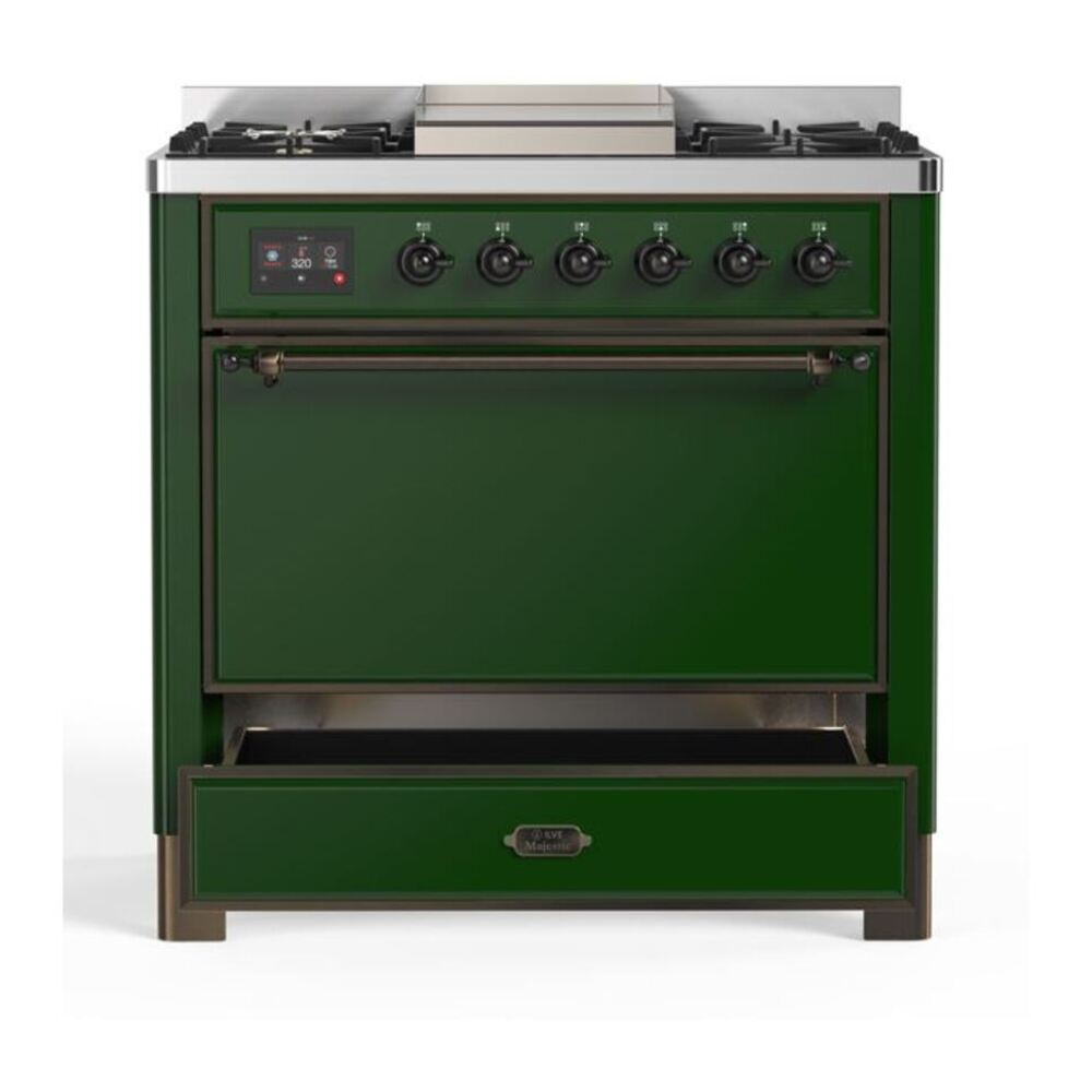 ILVE Majestic II 36 inch Solid Door Natural Gas Dual Fuel Range Burnished Emerald Green