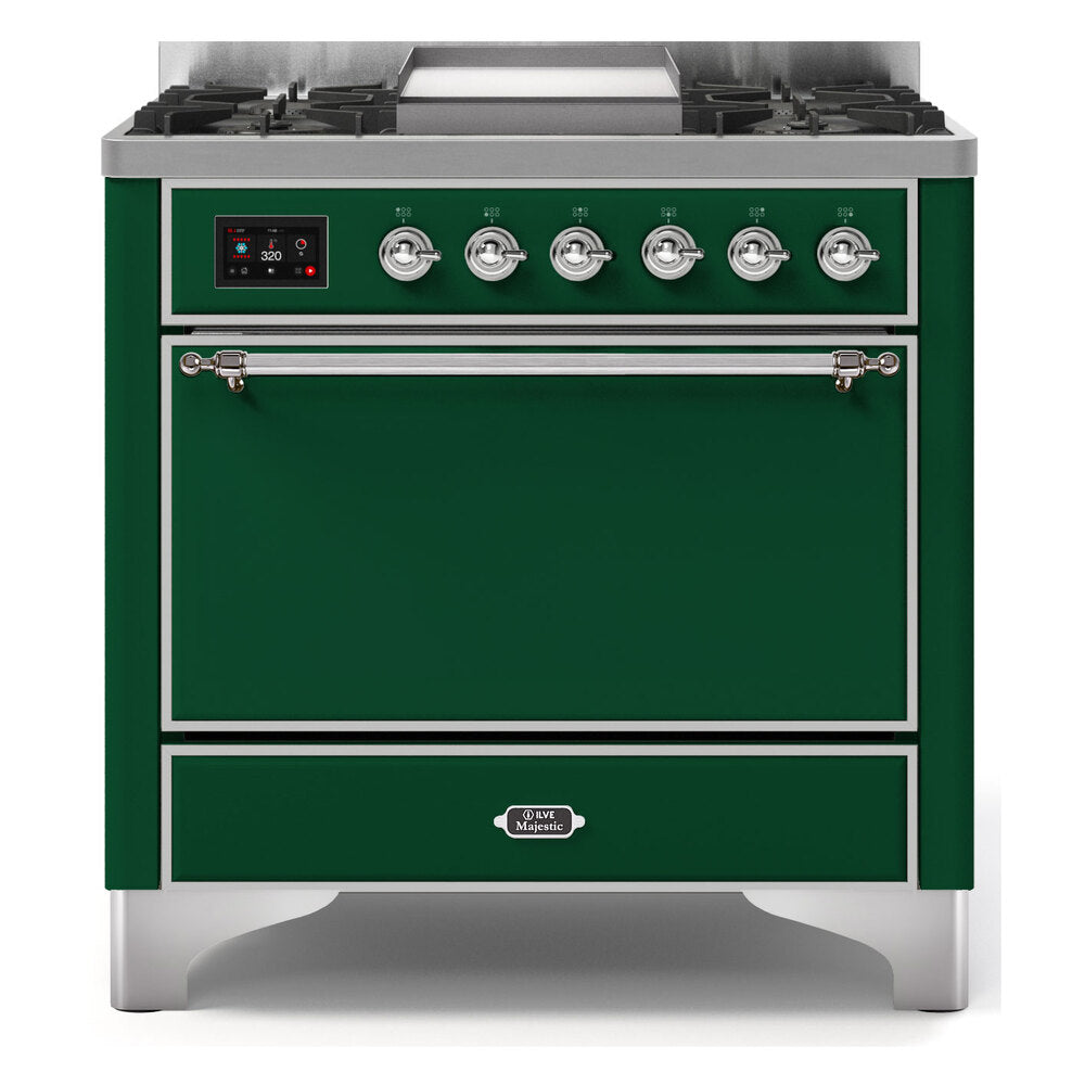 ILVE Majestic II 36 inch Solid Door Natural Gas Dual Fuel Range Chrome Emerald Green