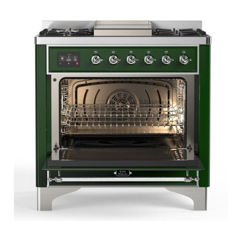 ILVE Majestic II 36 inch Solid Door Natural Gas Dual Fuel Range Chrome Emerald Green