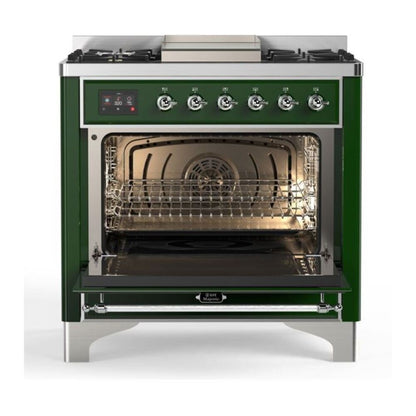 ILVE Majestic II 36 inch Solid Door Natural Gas Dual Fuel Range Chrome Emerald Green