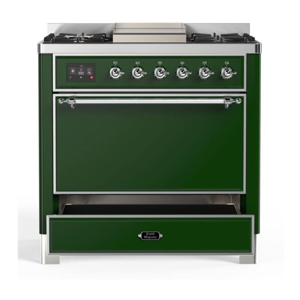 ILVE Majestic II 36 inch Solid Door Natural Gas Dual Fuel Range Chrome Emerald Green