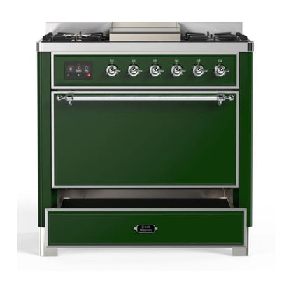 ILVE Majestic II 36 inch Solid Door Natural Gas Dual Fuel Range Chrome Emerald Green