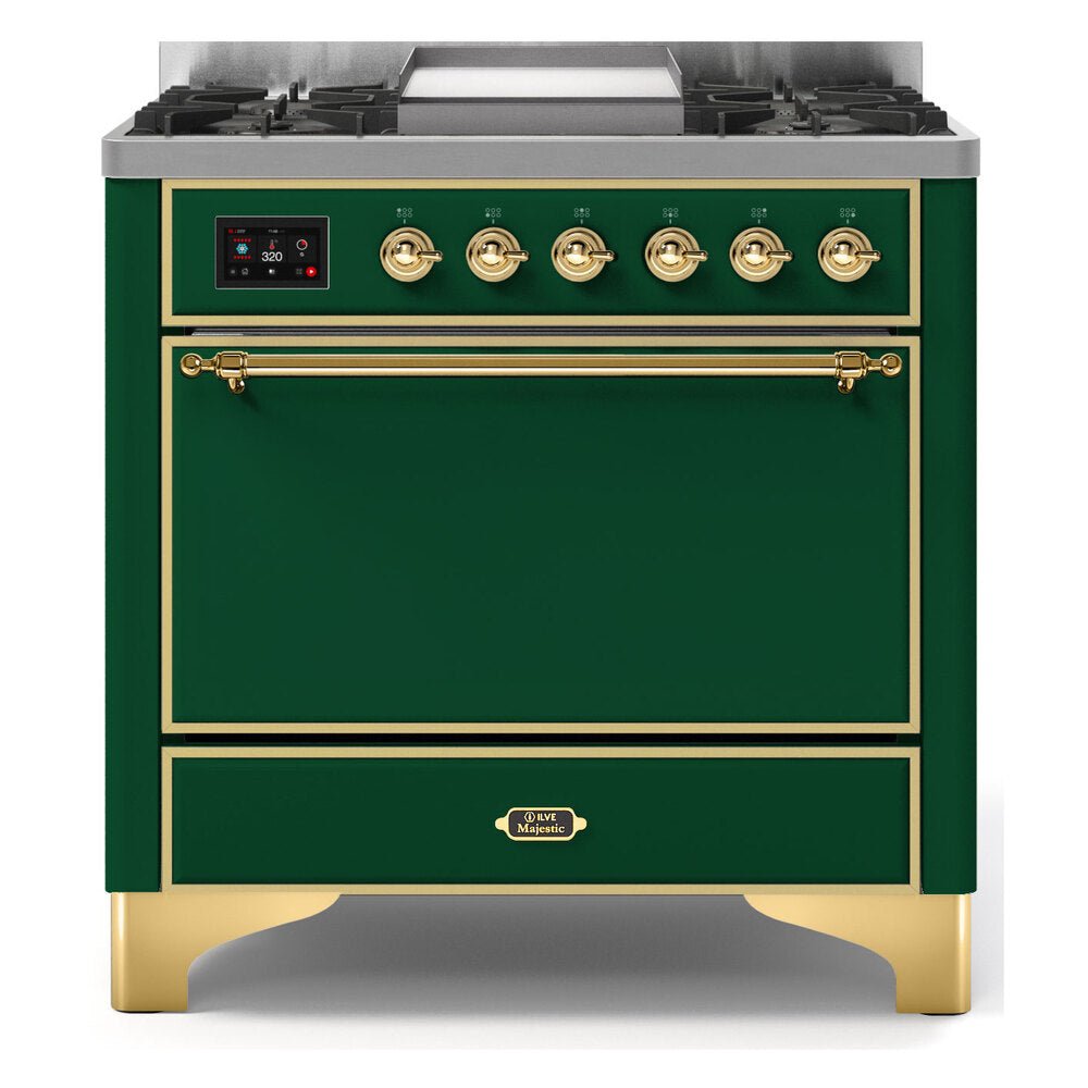 ILVE Majestic II 36 inch Solid Door Natural Gas Dual Fuel Range Brass Emerald Green