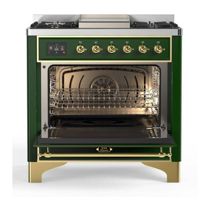 ILVE Majestic II 36 inch Solid Door Natural Gas Dual Fuel Range Brass Emerald Green
