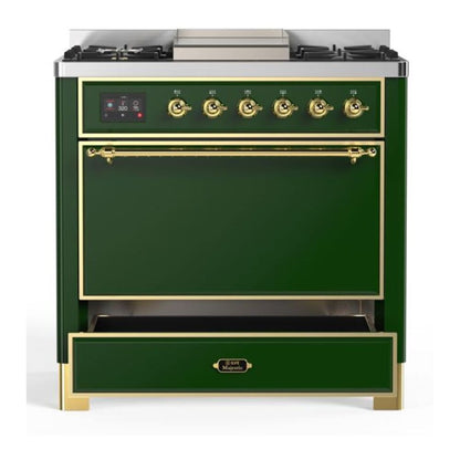 ILVE Majestic II 36 inch Solid Door Natural Gas Dual Fuel Range Brass Emerald Green