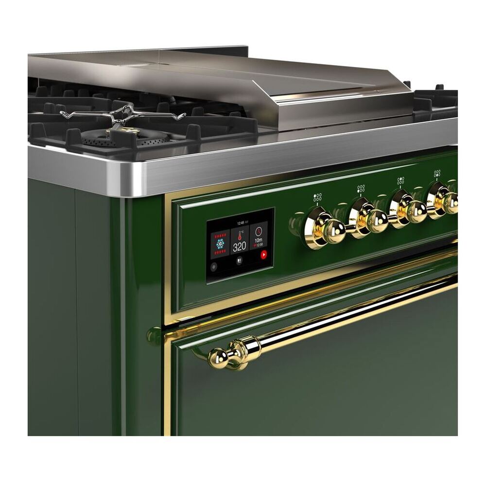 ILVE Majestic II 36 inch Solid Door Natural Gas Dual Fuel Range Brass Emerald Green