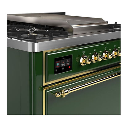 ILVE Majestic II 36 inch Solid Door Natural Gas Dual Fuel Range Brass Emerald Green