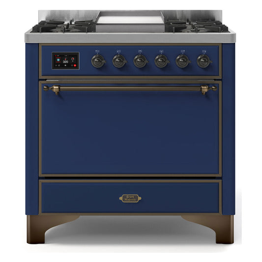 ILVE Majestic II 36" Midnight Blue Dual Fuel Range with 6 Burners and Griddle Solid Door Liquid Propane