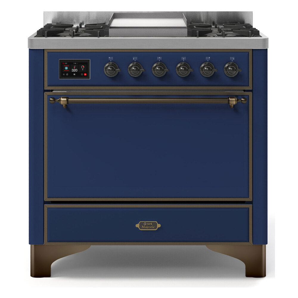 ILVE Majestic II 36 inch Solid Door Natural Gas Dual Fuel Range Burnished Midnight Blue