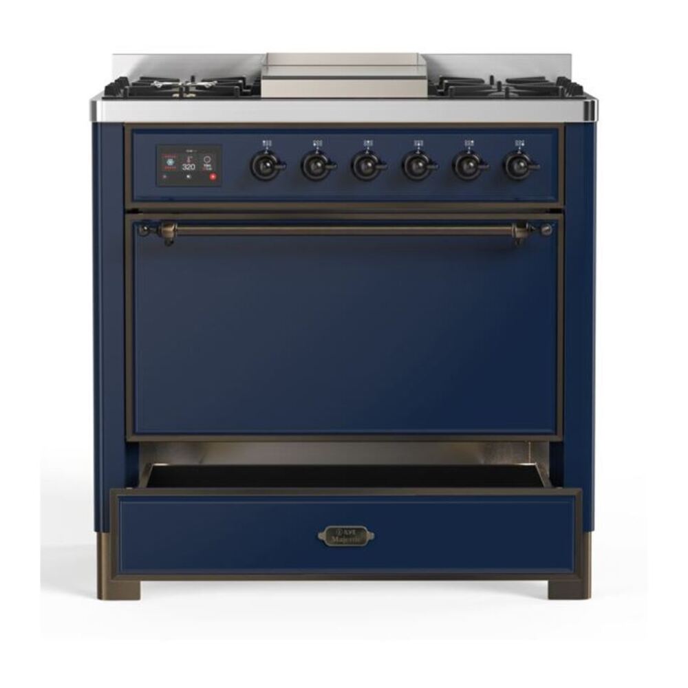 ILVE Majestic II 36 inch Solid Door Natural Gas Dual Fuel Range Burnished Midnight Blue