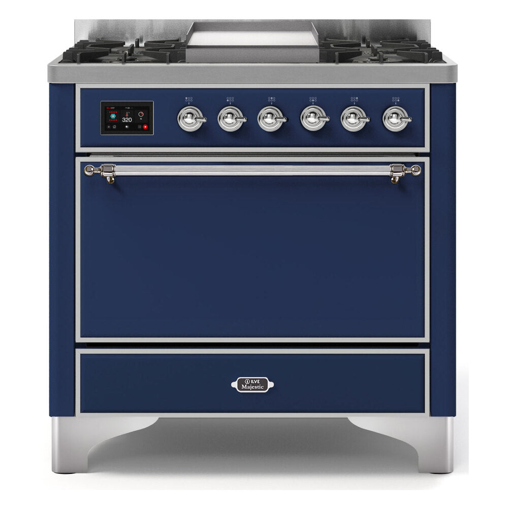 ILVE Majestic II 36 inch Solid Door Natural Gas Dual Fuel Range Chrome Midnight Blue
