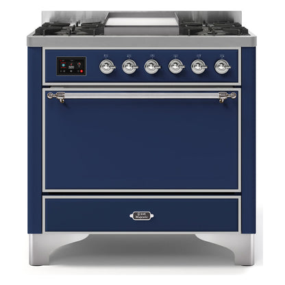 ILVE Majestic II 36 inch Solid Door Natural Gas Dual Fuel Range Chrome Midnight Blue