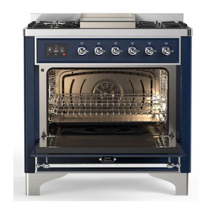 ILVE Majestic II 36 inch Solid Door Natural Gas Dual Fuel Range Chrome Midnight Blue