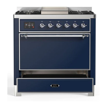 ILVE Majestic II 36 inch Solid Door Natural Gas Dual Fuel Range Chrome Midnight Blue