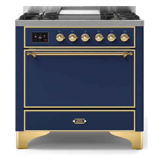 ILVE Majestic II 36" Midnight Blue Dual Fuel Range with 6 Burners and Griddle Solid Door Natural Gas