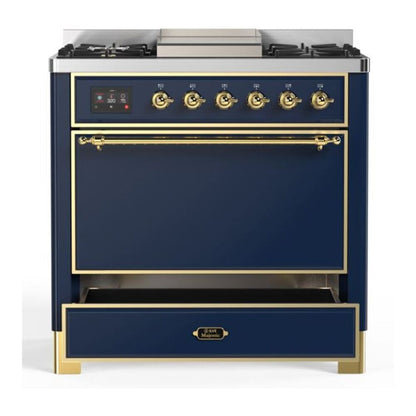 ILVE Majestic II 36 inch Solid Door Natural Gas Dual Fuel Range Brass Midnight Blue