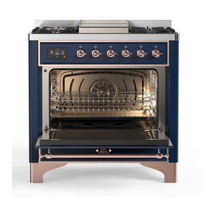 ILVE Majestic II 36 inch Solid Door Natural Gas Dual Fuel Range Copper Midnight Blue