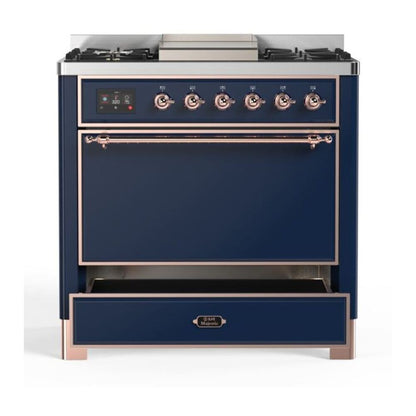 ILVE Majestic II 36 inch Solid Door Natural Gas Dual Fuel Range Copper Midnight Blue