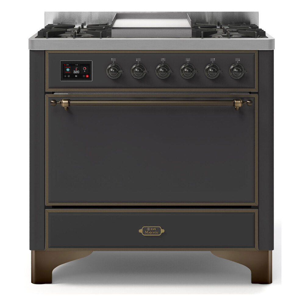 ILVE Majestic II 36 inch Solid Door Natural Gas Dual Fuel Range Burnished Graphite Matte
