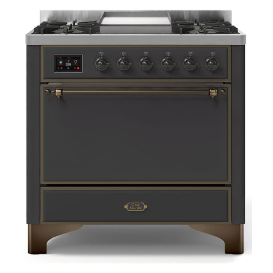 ILVE Majestic II 36" Graphite Matte Dual Fuel Range with 6 Burners and Griddle Solid Door Natural Gas
