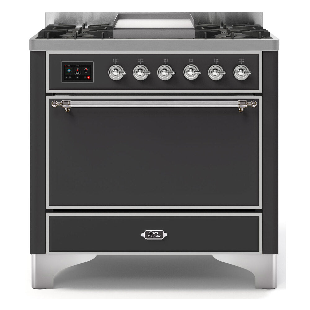 ILVE Majestic II 36 inch Solid Door Natural Gas Dual Fuel Range Chrome Graphite Matte