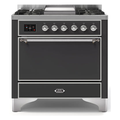 ILVE Majestic II 36 inch Solid Door Natural Gas Dual Fuel Range Chrome Graphite Matte