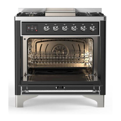 ILVE Majestic II 36 inch Solid Door Natural Gas Dual Fuel Range Chrome Graphite Matte