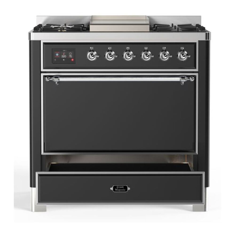ILVE Majestic II 36 inch Solid Door Natural Gas Dual Fuel Range Chrome Graphite Matte