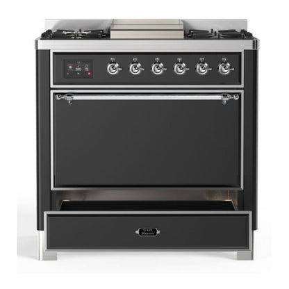 ILVE Majestic II 36 inch Solid Door Natural Gas Dual Fuel Range Chrome Graphite Matte