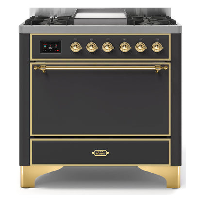 ILVE Majestic II 36 inch Solid Door Natural Gas Dual Fuel Range Brass Burgundy