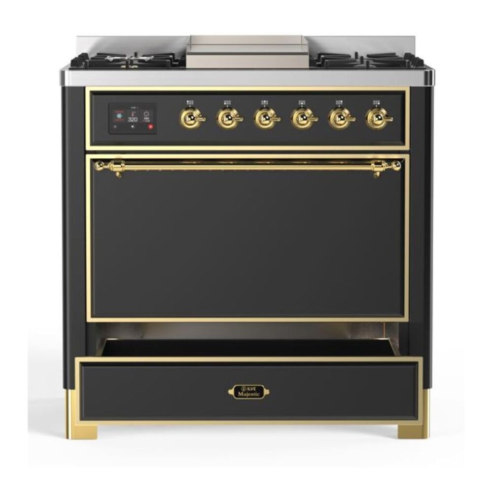ILVE Majestic II 36 inch Solid Door Natural Gas Dual Fuel Range Brass Burgundy