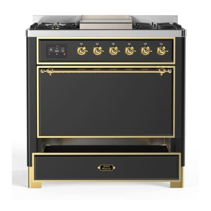 ILVE Majestic II 36 inch Solid Door Natural Gas Dual Fuel Range Brass Burgundy