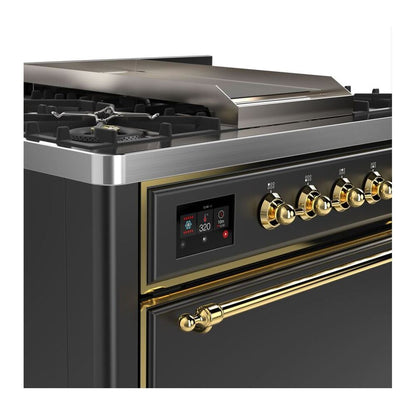 ILVE Majestic II 36 inch Solid Door Natural Gas Dual Fuel Range Brass Burgundy