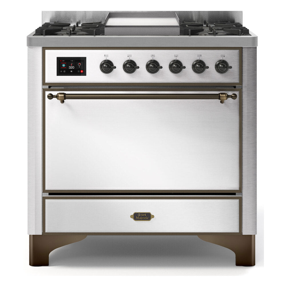 ILVE Majestic II 36 inch Solid Door Natural Gas Dual Fuel Range Burnished Stainless Steel