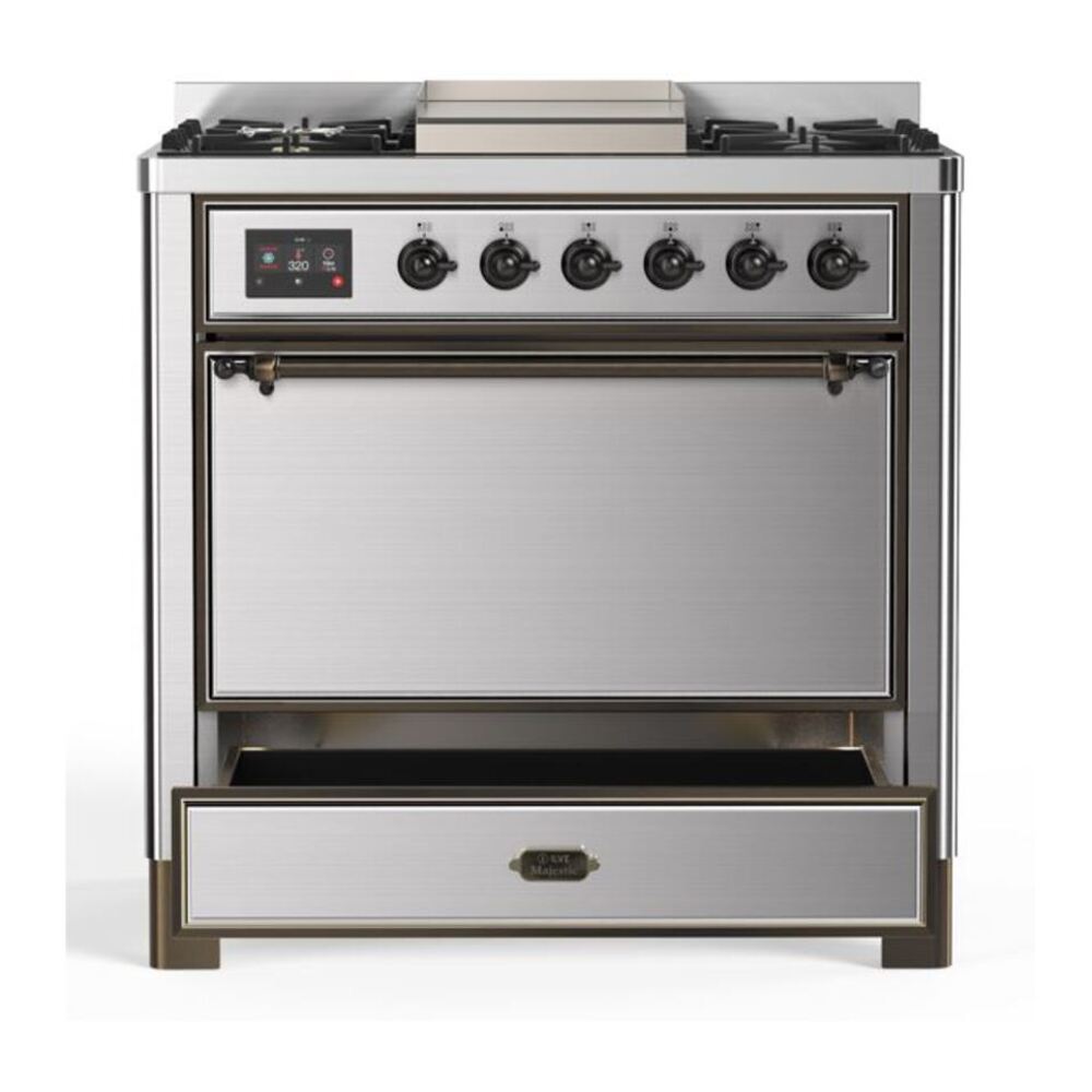ILVE Majestic II 36 inch Solid Door Natural Gas Dual Fuel Range Burnished Stainless Steel
