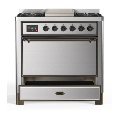 ILVE Majestic II 36 inch Solid Door Natural Gas Dual Fuel Range Burnished Stainless Steel