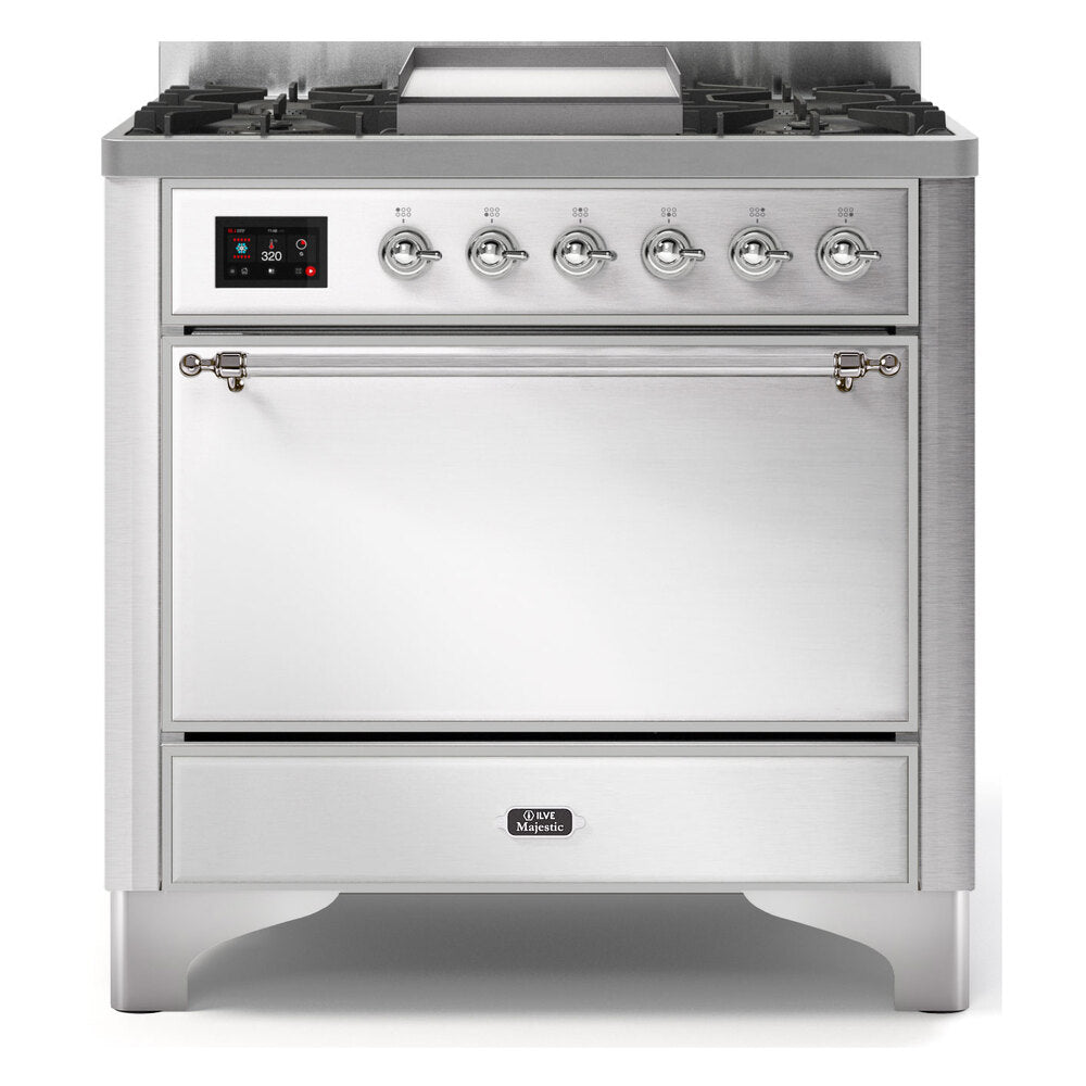 ILVE Majestic II 36" Stainless Steel Dual Fuel Range with 6 Burners and Griddle Solid Door Natural Gas