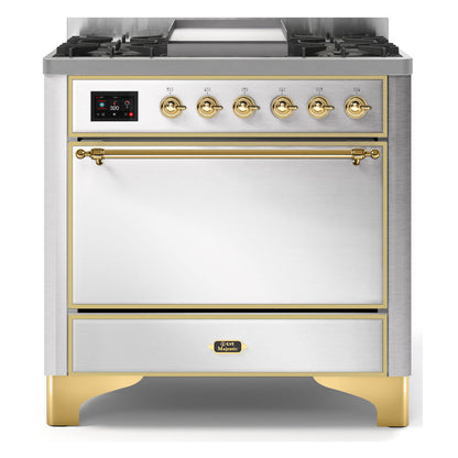 ILVE Majestic II 36 inch Solid Door Natural Gas Dual Fuel Range Brass Stainless Steel