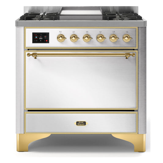 ILVE Majestic II 36" Stainless Steel Dual Fuel Range with 6 Burners and Griddle Solid Door Natural Gas