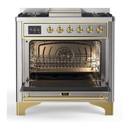 ILVE Majestic II 36 inch Solid Door Natural Gas Dual Fuel Range Brass Stainless Steel