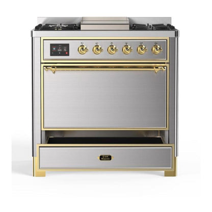 ILVE Majestic II 36 inch Solid Door Natural Gas Dual Fuel Range Brass Stainless Steel