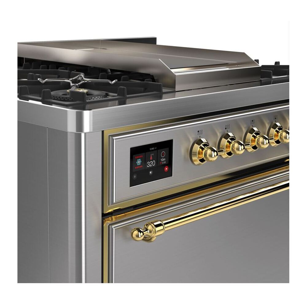 ILVE Majestic II 36 inch Solid Door Natural Gas Dual Fuel Range Brass Stainless Steel