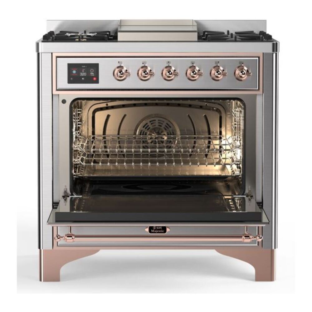 ILVE Majestic II 36 inch Solid Door Natural Gas Dual Fuel Range Copper Stainless Steel