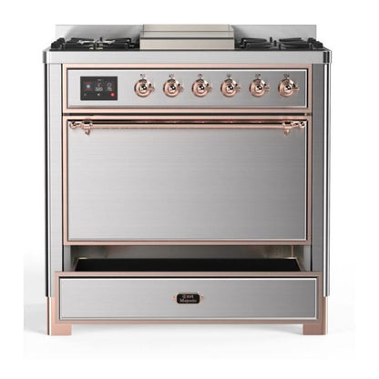 ILVE Majestic II 36 inch Solid Door Natural Gas Dual Fuel Range Copper Stainless Steel