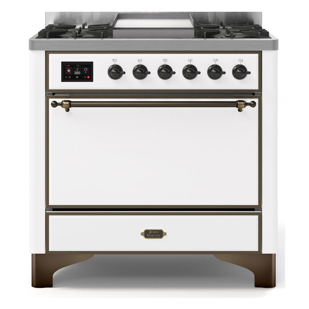 ILVE Majestic II 36 inch Solid Door Natural Gas Dual Fuel Range Burnished White
