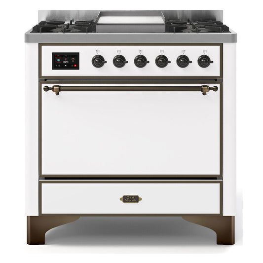 ILVE Majestic II 36" White Dual Fuel Range with 6 Burners and Griddle Solid Door Natural Gas