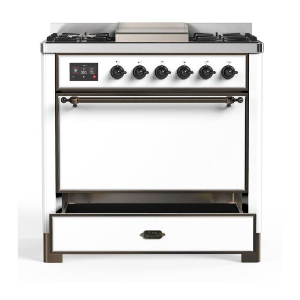 ILVE Majestic II 36 inch Solid Door Natural Gas Dual Fuel Range Burnished White