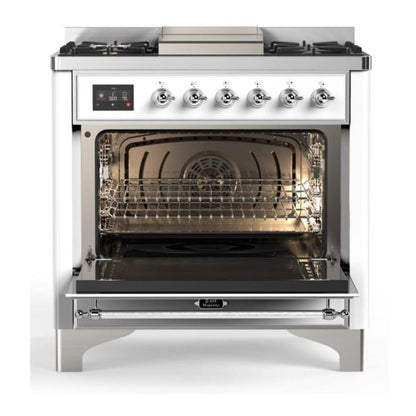 ILVE Majestic II 36 inch Solid Door Natural Gas Dual Fuel Range Chrome White